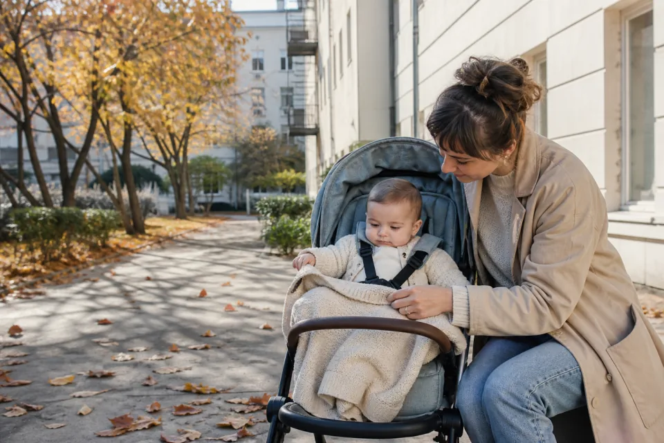 A parent tucking a light blanket around a baby in a stroller