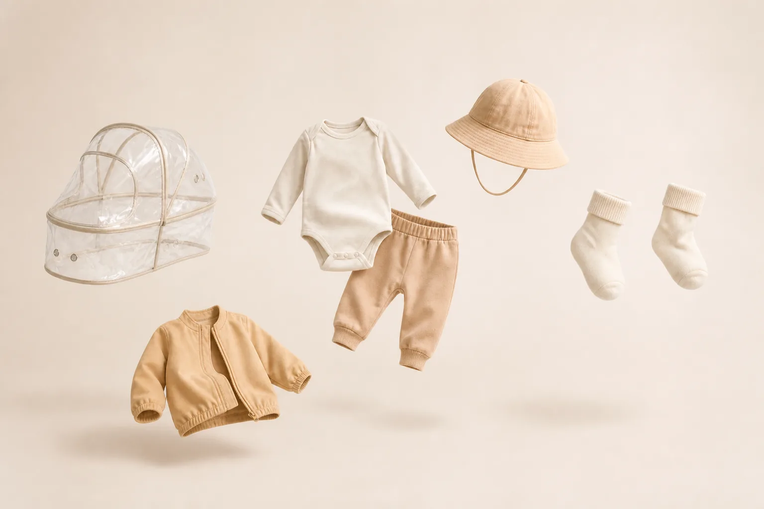 A bodysuit, pants, socks, rain cover, light jacket and sun hat arranged for a stroller walk