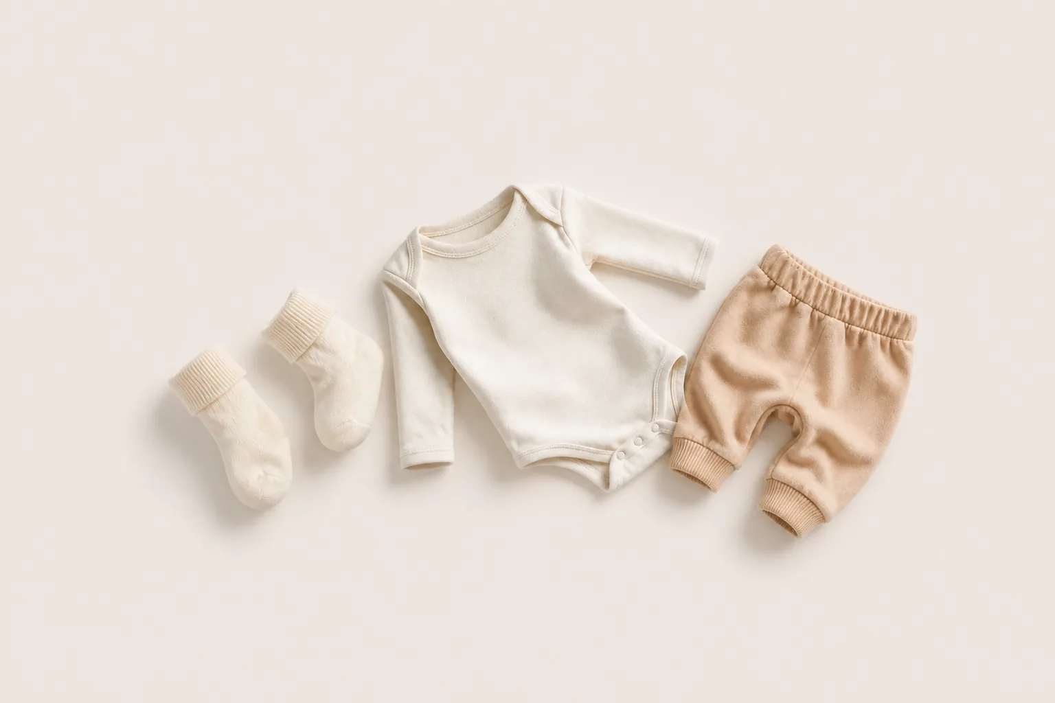 A clean baby bodysuit, light pants and socks laid together as the basic spare set