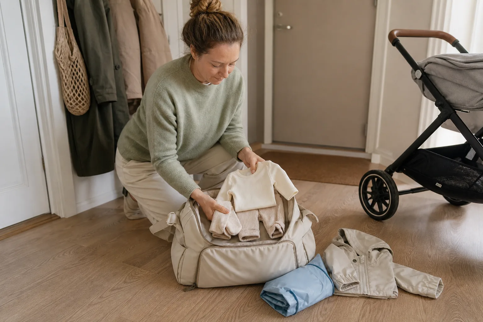 A parent kneeling by the front door and placing a folded baby layer into a stroller bag