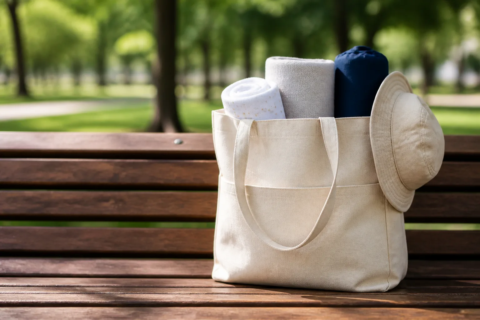 An open canvas bag standing on a park bench, packed for a walk: a rolled spare bodysuit, a small folded blanket, a rolled-up rain cover, a sun hat tucked at the side