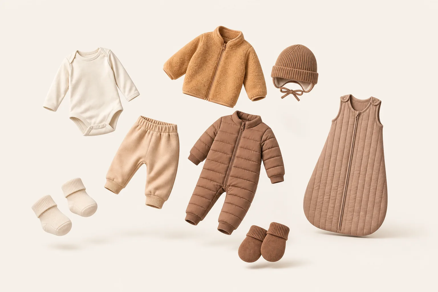 A winter newborn kit arranged from bodysuit and fleece to pram suit, hat, mittens and sleep bag