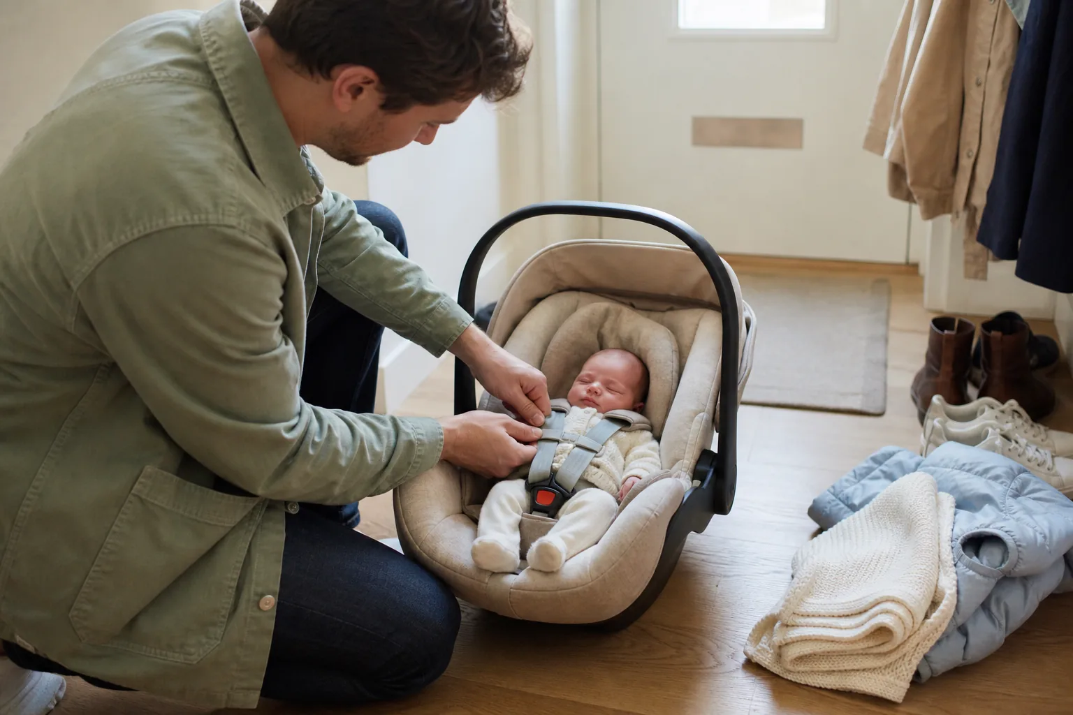 A parent beside the front door holding a winter pram suit next to a newborn secured in an infant car seat