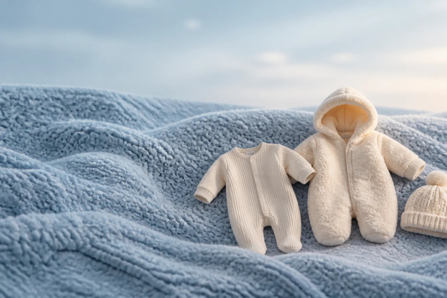 A tiny cream sleepsuit, a newborn pram suit and a fine knit hat laid side by side on a cool blue chunky knit blanket
