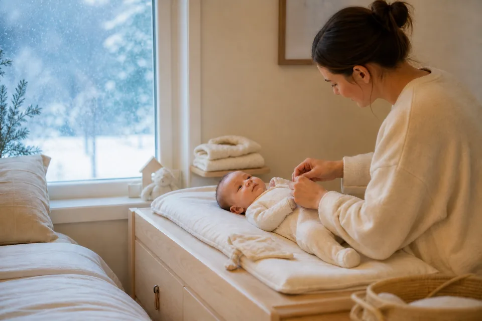 A parent dressing a newborn in thin winter layers beside a frosted window