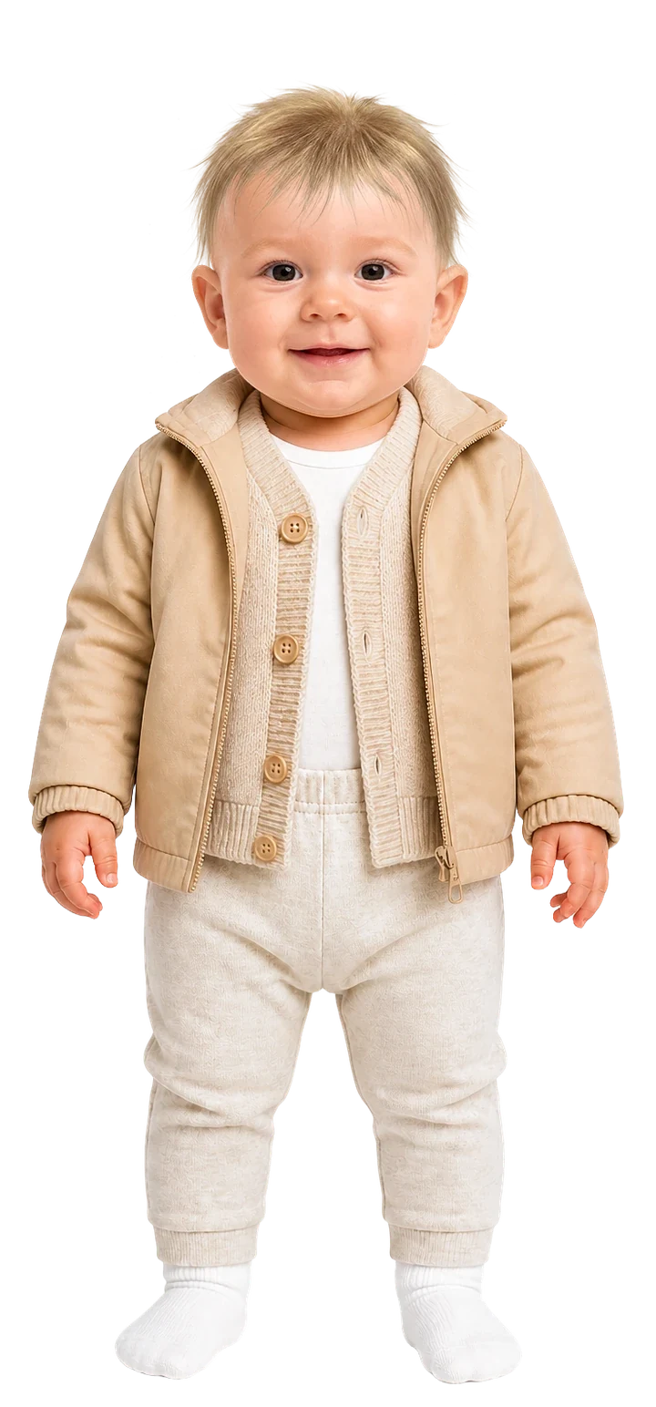 La ropa con 13 grados: body de manga larga, pantalón grueso, calcetines finos, rebeca fina y chaqueta ligera