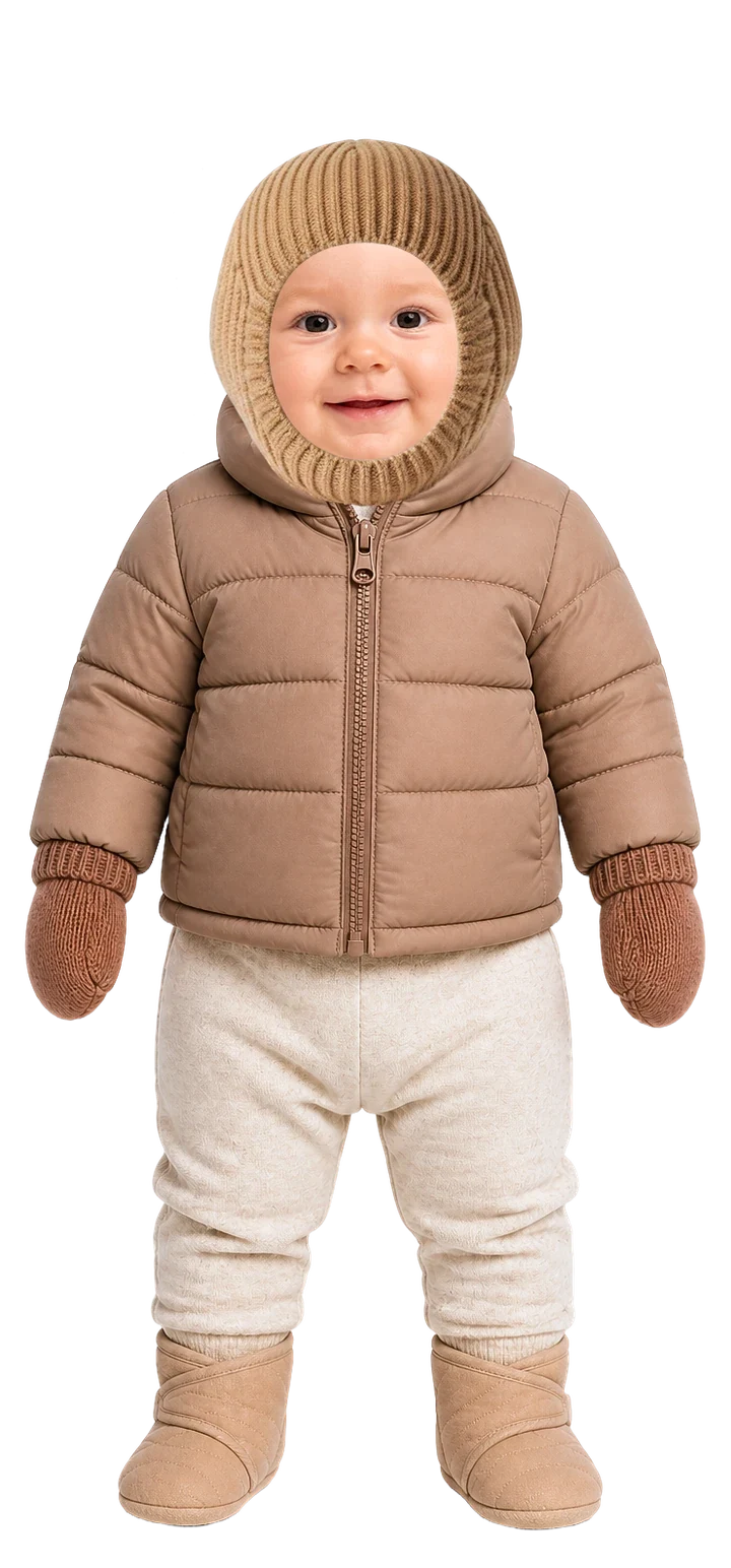 La ropa con 4 grados: body de manga larga, pantalón grueso, calcetines de lana, forro polar grueso, abrigo, patucos acolchados, manoplas y gorro grueso