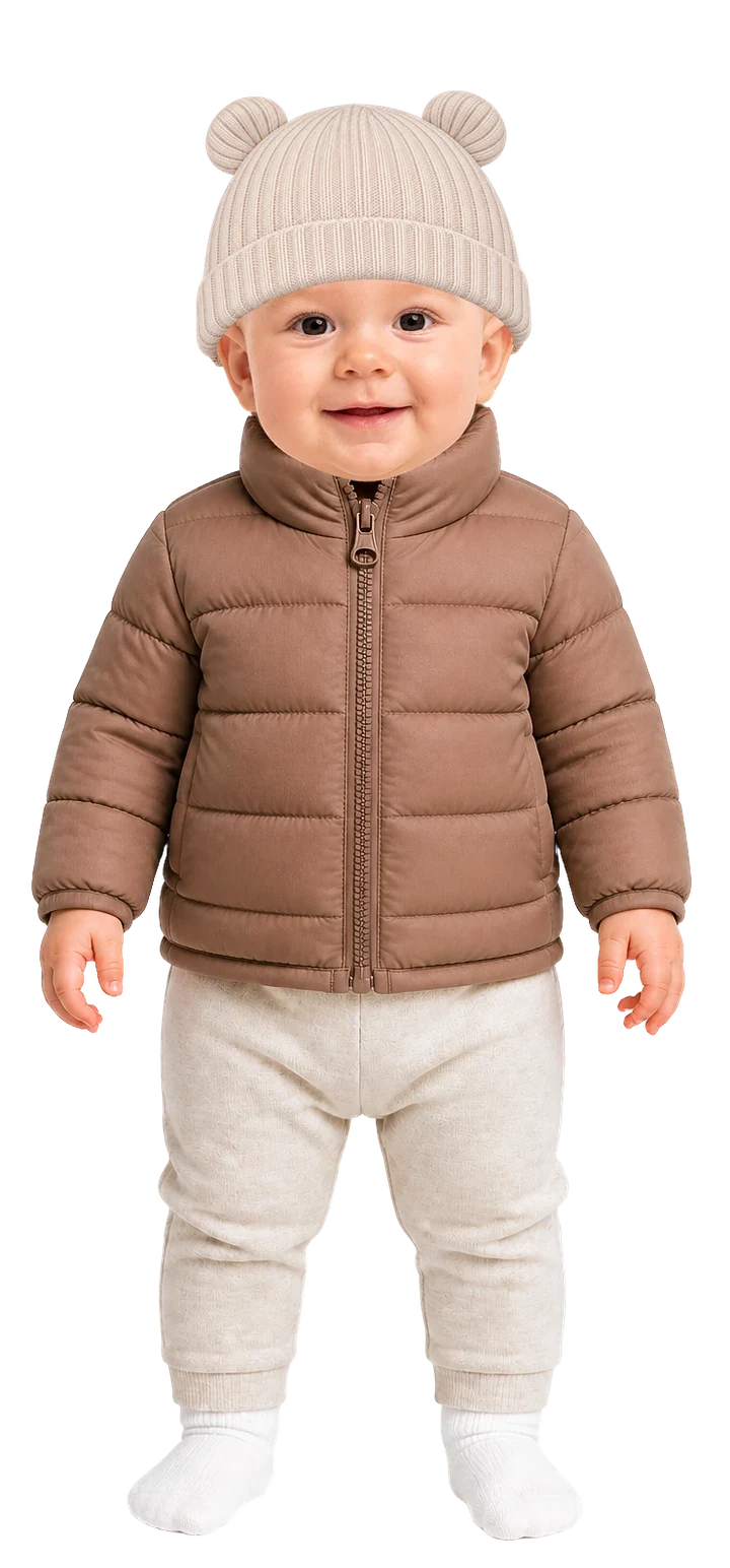La tenue par 10 degrés : body à manches longues, pantalon chaud, chaussettes en laine, polaire chaude, doudoune et bonnet léger