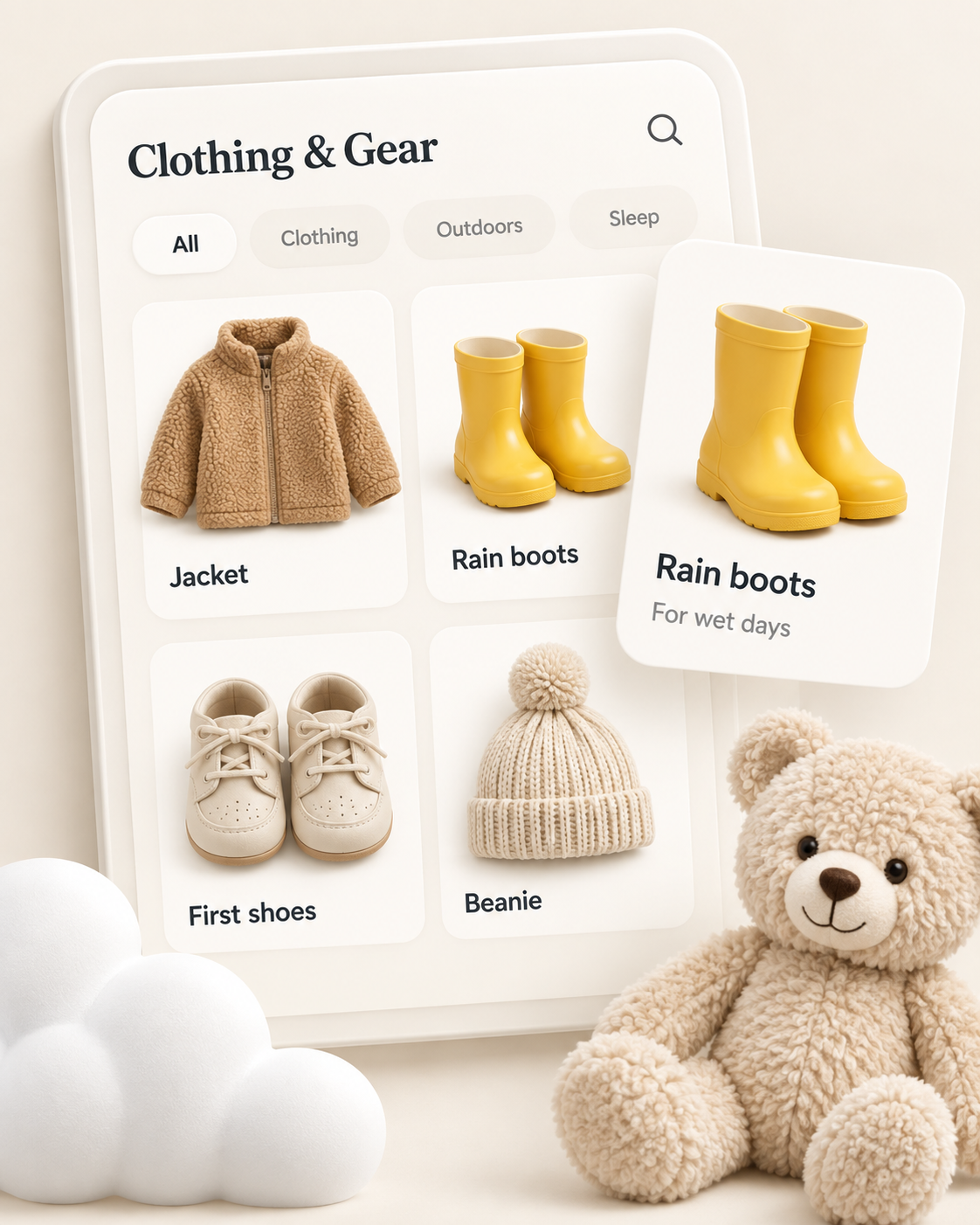 Clothing and Gear catalog with a fleece jacket, first shoes, a knit hat, and an enlarged rain boots card