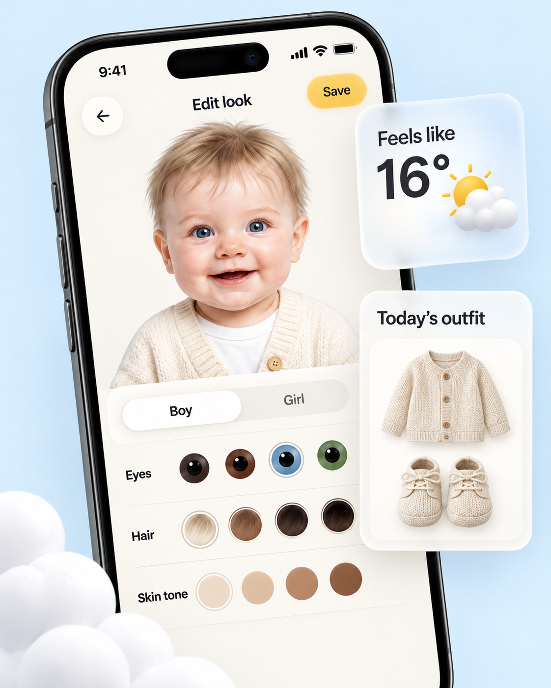Baby look editor with eye and hair choices, beside weather and outfit widgets