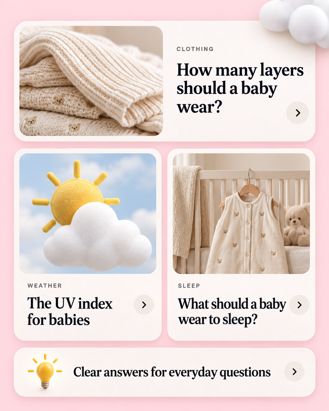Illustrated Guides about baby clothing layers, the UV index, and what to wear to sleep