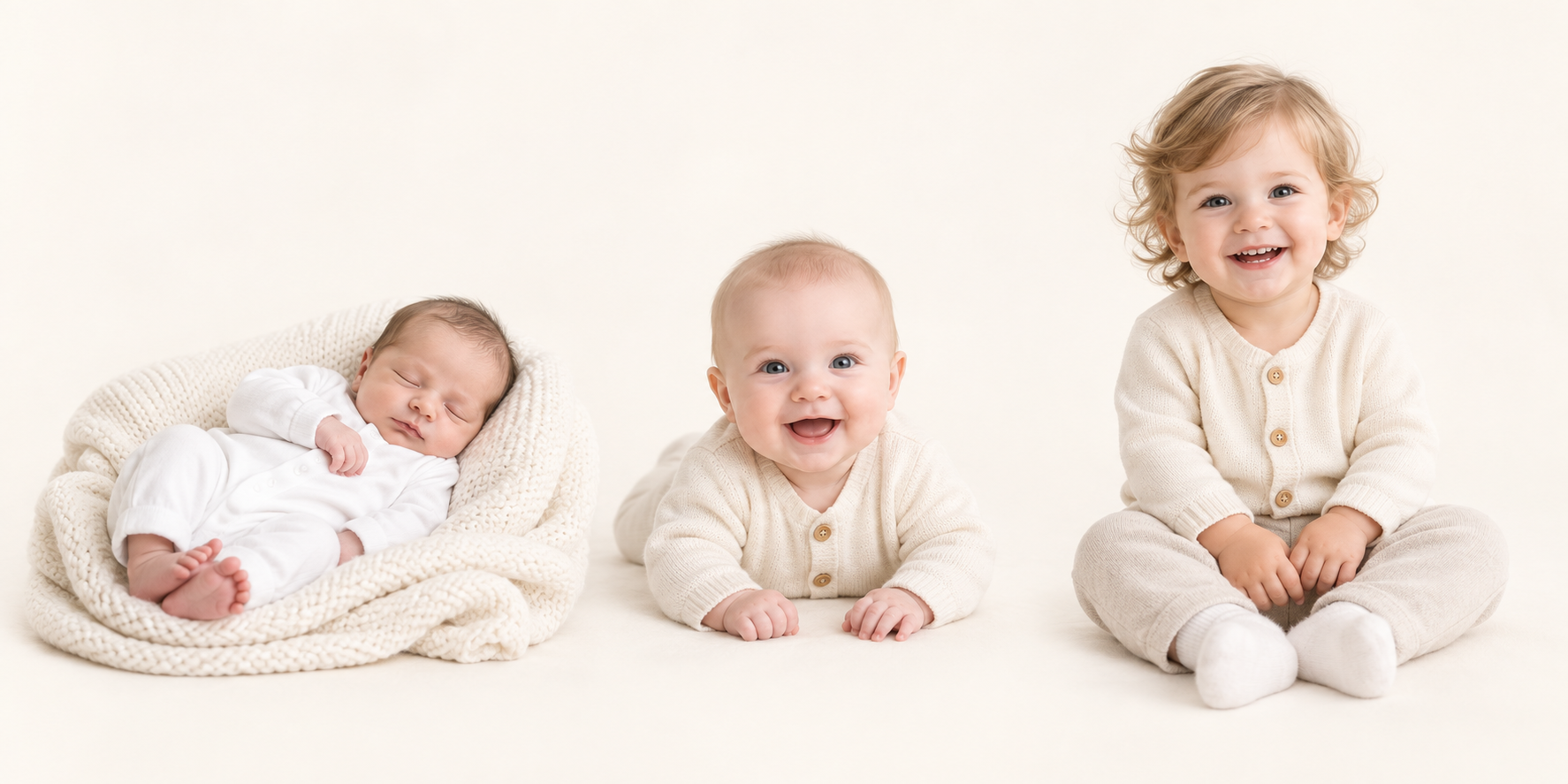 A newborn resting on an ivory blanket, a smiling baby on tummy time, and a seated toddler together in a warm studio scene