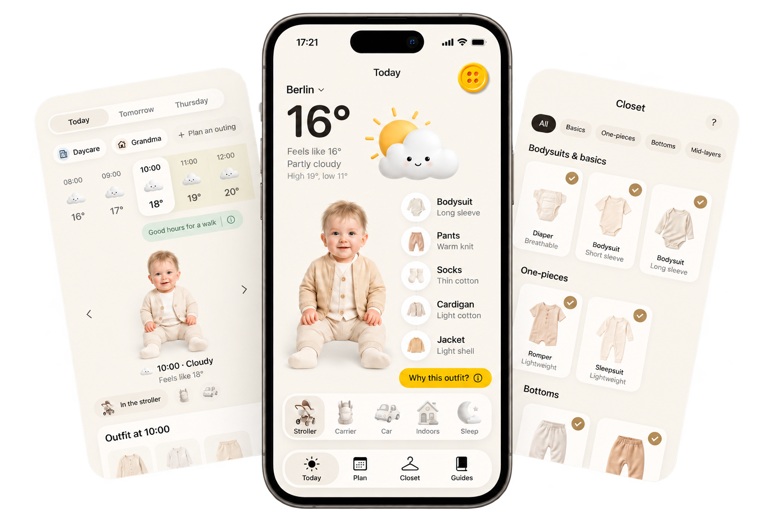 Button app showing today's outfit, outing plans and your closet